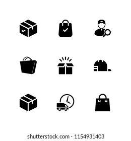 merchandise icon. 9 merchandise set with shopping bag, baseball cap, cap and package vector icons for web and mobile app