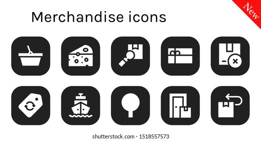 merchandise icon set. 10 filled merchandise icons.  Collection Of - Basket, Cheese, Package, Gift card, Label, Shipping, Box icons