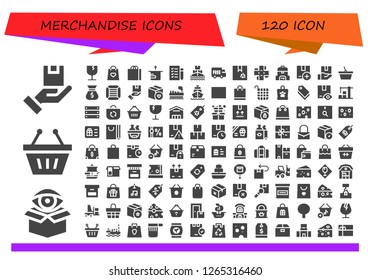  merchandise icon set. 120 filled merchandise icons. Simple modern icons about  - Package, Shopping basket, Fragile, Gift bag, Shopping bag, Shopping list, Ship, Shipping, Box