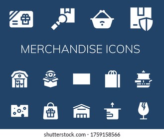 merchandise icon set. 14 filled merchandise icons. Included Gift card, Package, Shopping basket, Cheese, Warehouse, Bag, Supermarket, Shopping bag, Fragile, Ship icons