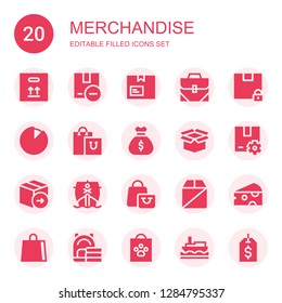 merchandise icon set. Collection of 20 filled merchandise icons included Box, Package, Bag, Cheese, Shopping bag, Ship, Label