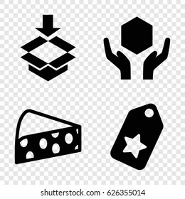 Merchandise icons set. set of 4 merchandise filled icons such as handle with care, box, cheese