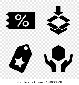 Merchandise icons set. set of 4 merchandise filled icons such as handle with care, box, tag