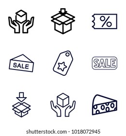 Merchandise icons. set of 9 editable outline merchandise icons such as tag, ticket on sale, handle with care, box, sale