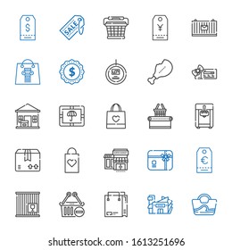 merchandise icons set. Collection of merchandise with bag, mall, shopping bag, shopping basket, crate, tag, gift card, supermarkets, package. Editable and scalable merchandise icons.