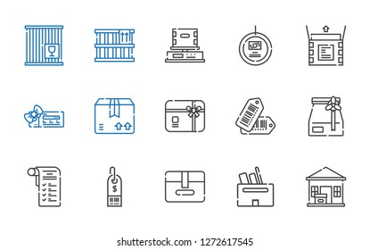 merchandise icons set. Collection of merchandise with package delivered, box, package, supermarket, shopping list, paper bag, tags, gift card. Editable and scalable merchandise icons.