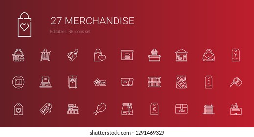 merchandise icons set. Collection of merchandise with package, tag, paper bag, supermarket, mall, bag, box, voucher, ice cream machine. Editable and scalable merchandise icons.