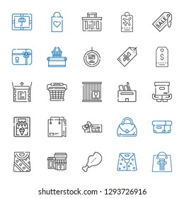 merchandise icons set. Collection of merchandise with shopping bag, paper bag, supermarket, supermarkets, bag, box, hand voucher. Editable and scalable merchandise icons.