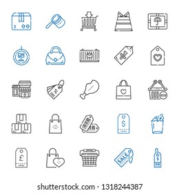 merchandise icons set. Collection of merchandise with supermarket, basket, supermarkets, tag, paper bag, tags, shopping bag, box, shopping basket. Editable and scalable merchandise icons.