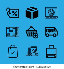 merchandise icons set with package, free delivery truck commercial transportation and commercial percentage discount label vector set