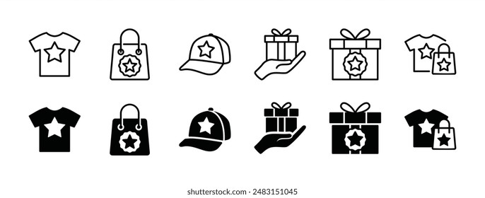 Merchandise or merch product thin line icon set. Containing t-shirt, shopping bag, hat, present gift. Vector illustration