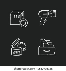 Merchandise-Qualitäts-Buchhaltung und Kontrolle Kreide-weiße Symbole auf schwarzem Hintergrund. Überprüfung der Haltbarkeit der Waren, Strichcode-Scannen. Verkauf und Rückgabe von Produkten. Illustrationen von isolierten Vektorillustrationen
