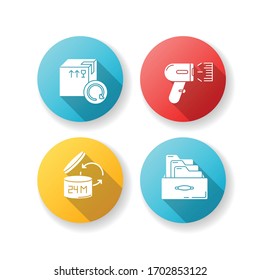 Merchandise quality accounting and control flat design long shadow glyph icons set. Goods shelf life checking, barcode scanning. Product selling and return. Silhouette RGB color illustration