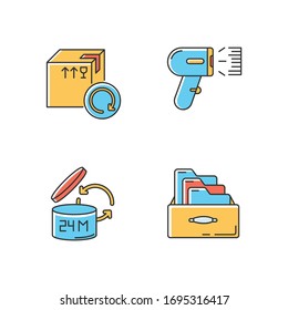 Merchandise quality accounting and control RGB color icons set. Goods shelf life checking, barcode scanning. Product selling and return. Isolated vector illustrations