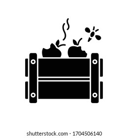 Merchandise spoilage black glyph icon. Rotten products, damaged package, improper storage and transportation result. Goods damage. Silhouette symbol on white space. Vector isolated illustration