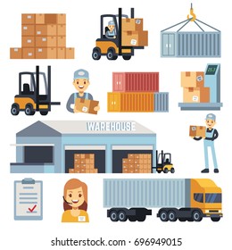 Merchandise warehouse and logistic flat vector icons with workers and equipment. Delivery and storage, warehouse and cargo box illustration