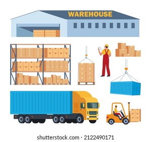 Merchandise warehouse and logistic, workers and equipment, set of elements. Warehouse building, racks, boxes, loader, truck. Delivery and storage, warehouse and cargo box. Vector illustration