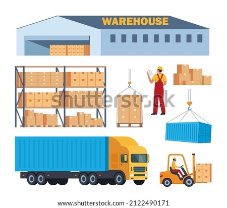 Merchandise warehouse and logistic, workers and equipment, set of elements. Warehouse building, racks, boxes, loader, truck. Delivery and storage, warehouse and cargo box. Vector illustration