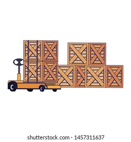Merchandise wooden boxes piled up and hand truck. vector illustration.