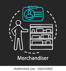 Merchandiser chalk icon. Store worker, employee, assistant. Marketing retail, shopping and promotion. Salesman, sales manager. Merchandiser checking products. Isolated vector chalkboard illustration