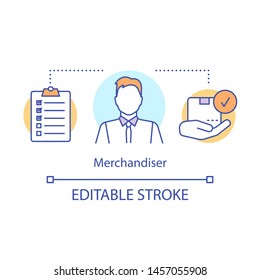 Merchandiser concept icon. Store worker, employee idea thin line illustration. Marketing retail, shopping and promotion. Salesman, sales manager. Vector isolated outline drawing. Editable stroke