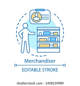 Merchandiser concept icon. Store worker, assistant idea thin line illustration. Marketing retail, shopping and promotion. Salesman, sales manager. Vector isolated outline drawing. Editable stroke