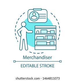 Merchandiser concept icon. Store worker, employee, assistant idea thin line illustration. Marketing retail, shopping. Salesman, sales manager. Vector isolated outline drawing. Editable stroke