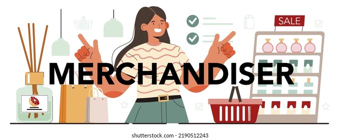 Merchandiser typographic header. Shop and showcase designer. Professional marketer display staff on supermarket shelf. Retail control. Vector flat illustration