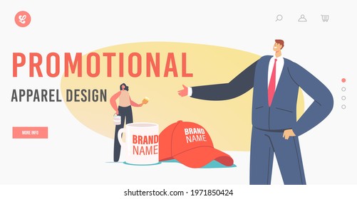 Merchandising, Advertising Campaign, Promotional Products Landing Page Template. Businessman and Saleswoman Characters Presenting Company Identity Cap and Mug. Cartoon People Vector Illustration