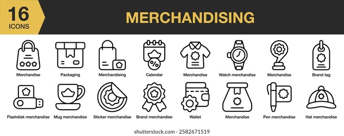 Merchandising icon set. Includes calendar, packaging, mug, hat, brand, wallet, and More. Outline icons vector collection.