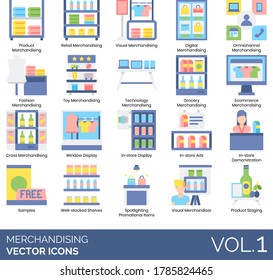 Merchandising Icons Including Product, Retail, Visual, Digital, Omnichannel, Fashion, Toy, Technology, Grocery, Ecommerce, Cross, Window Display, In-store Ads, Demonstration, Sample, Merchandiser.