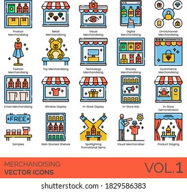 Merchandising icons including product, retail, visual, fashion, toy, technology, grocery, ecommerce, cross, window display, in-store ads, demonstration, sample, spotlighting promotional item, staging.