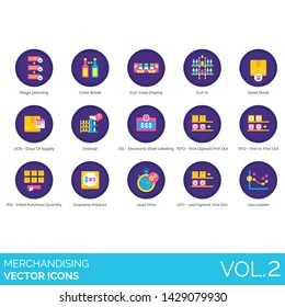 Merchandising icons including stage planning, color break, case display, dead stock, DOS, day of supply, endcap, ESL, shelf labeling, FEFO, first expired out, FIFO, IPQ, purchase, keystone, LIFO, loss