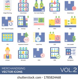 Merchandising icons including stage planning, color break, cut case display, dead stock, DOS, day of supply, endcap, ESL, FEFO, FIFO, IPQ, keystone product, lead time, LIFO, loss leader, lumper, OSA.