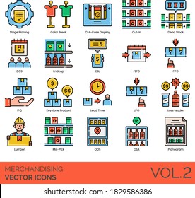 Merchandising icons including stage planning, color break, cut case display, cut-in, dead stock, DOS, endcap, ESL, FEFO, FIFO, IPQ, lead time, LIFO, loss leader, lumper, mis-pick, OOS, OSA, planogram.