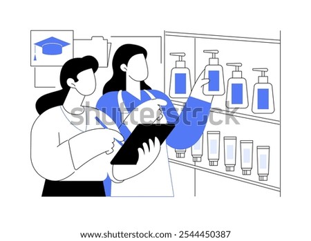 Merchandising isolated cartoon vector illustrations. Student with a curator checks the goods availability on the shelf, store manager, educational process, doing merchandising vector cartoon.