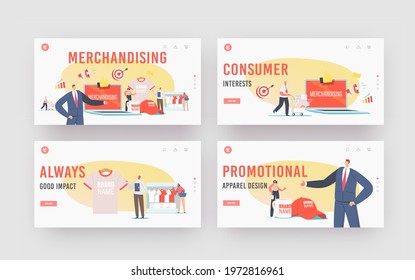 Merchandising Landing Page Template Set. Tiny Characters with Huge Promotional Products for Brand Identity. Businessman Presenting Company T-Shirt, Cap and Mug. Cartoon People Vector Illustration