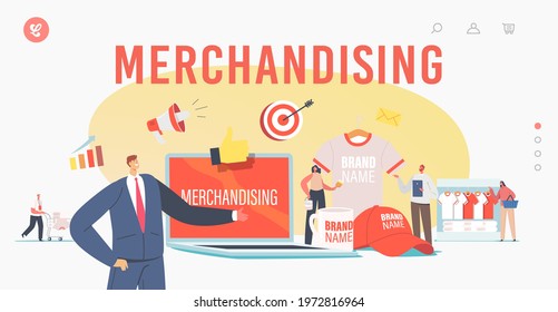 Merchandising Landing Page Template. Tiny Characters with Huge Promotional Products for Brand Identity. Businessman Presenting Company T-Shirt, Cap and Mug. Cartoon People Vector Illustration