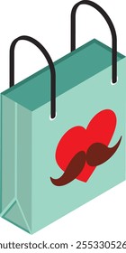 Saco de compras de merchandising impresso com coração e bigode para o ícone do vetor do conceito do tema do papai, símbolo do dia dos pais felizes, símbolos do presente dos pais, ilustração do estoque do dia dos pais