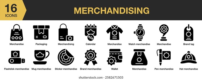 Merchandising solid icon set. Includes calendar, packaging, mug, hat, brand, wallet, and More. Solid icons vector collection.