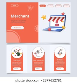 Plantilla del sitio web de la página de aterrizaje plana del comerciante. Publicidad, marketing viral, marketing afiliado. Banner web con encabezado, contenido y pie de página. Ilustración vectorial.