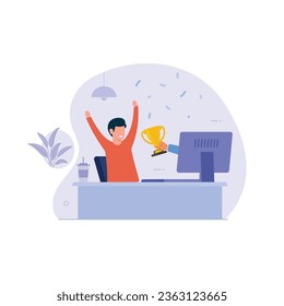 Merchant holds out a golden cup to a happy man as winner affiliate marketing. Business illustration concept