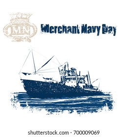 Merchant Navy Day. Vintage image of a cargo ship on the sea and emblem on a white background