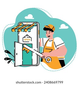 The merchant opened his store on mobile e-commerce apps illustration