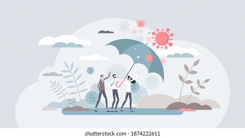 Merchant protection from pandemic crisis bankruptcy risk tiny person concept. Symbolic umbrella as covid-19 danger prevention to business environment vector illustration. Personal safety and health.