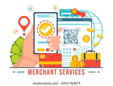 Ilustración del vector del servicio del comerciante de la estrategia de marketing digital con el negocio de referencia de la gente y ganar dinero en línea en el fondo plano de la historieta