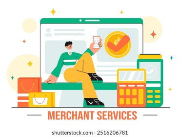 Merchant Services Vector Illustration of a Digital Marketing Strategy with People Referring Businesses and Earning Money Online in a Flat Background