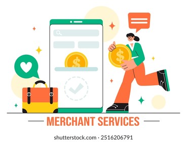 Merchant Services Vektorgrafik einer digitalen Marketingstrategie mit Menschen, die Unternehmen referenzieren und online Geld verdienen, auf ebenem Hintergrund