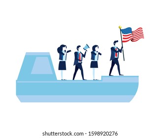 merchant ship with business people and usa flag vector illustration design