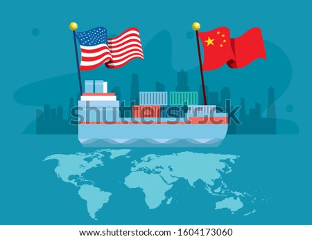 merchant ship with flags China and united states of america vector illustration design